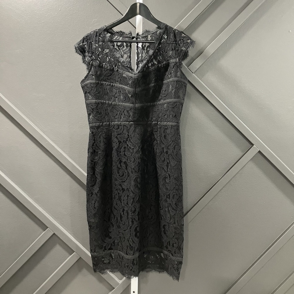 Adrianna Papell Lace‎ Cocktail Dress Womens Sz 12 Black Sheath Cap Sleeve Midi
